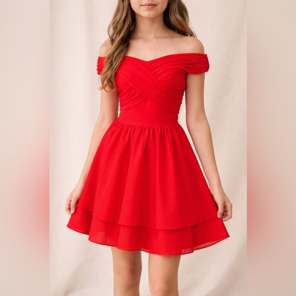 SHEIN Juniors 13 Red Off Shoulder Chiffon Fit Flare Party Mini Dress